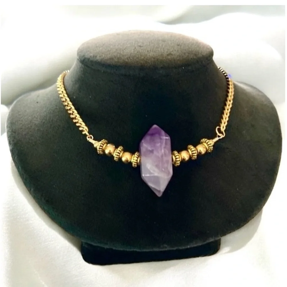 Genuine double point terminated purple amethyst crystal gold steel necklace